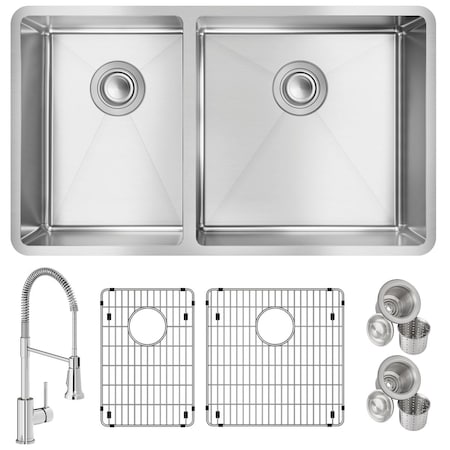 Elkay 18 Gauge SS 31-1/2" x 18-1/2" x 9" 40/60 Dbl Bwl Undermount Sink and Faucet Kit w/ Bottom Grid and Drain ECTRU32179LTFBC